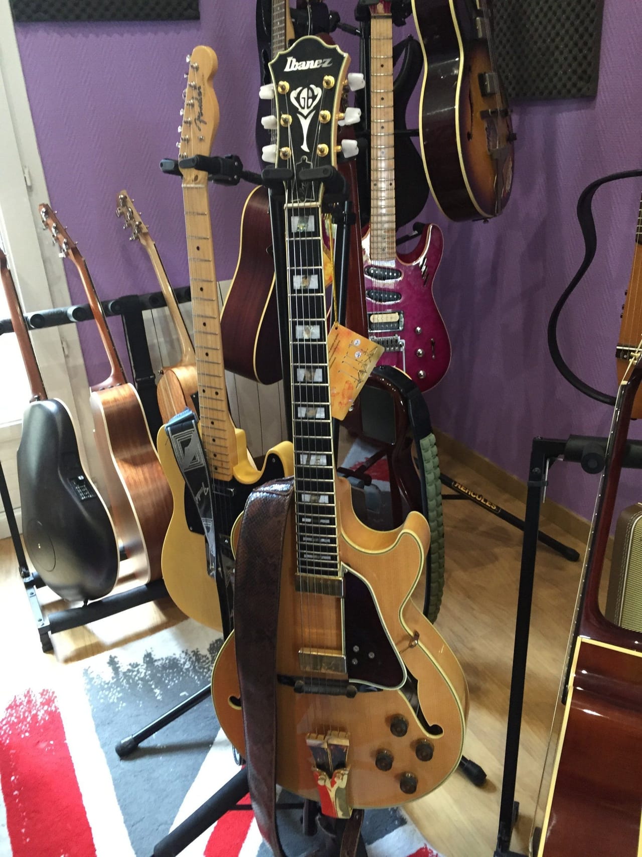 Guitares électriques posées sur leurs supports.